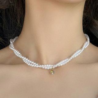 Rhinestone Pendant Faux Pearl Choker Faux Pearl Zircon Choker - Double Layer - White - One Size