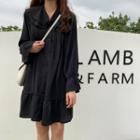 Long-sleeve Ruffled Buttoned Mini Dress Black - One Size