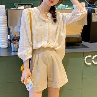 Long-sleeve Button-up Blouse / Wide Leg Shorts