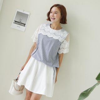 Lace-panel Striped Drawstring Top