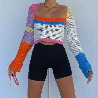 Square Neck Color Block Knit Top