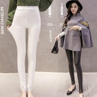 Faux Leather Lace-cuff Skinny Pants