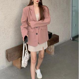 Single-breasted Blazer / Spaghetti Strap Mini A-line Dress