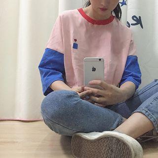 Color-block Embroidered Loose-fit Short-sleeve T-shirt