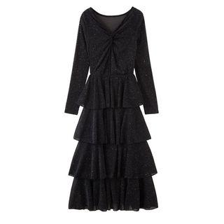 V-neck Midi Layered Knit Dress