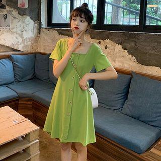 Short-sleeve Button-detail  Mini A-line Dress