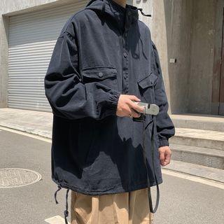 Stand-collar Pocket-detail Hooded Pullover