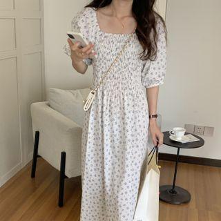 Bell-sleeve Ruched Floral Dress