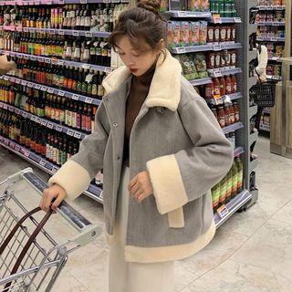 Faux-fur Collar Button Knit Jacket / Straight-cut Knit Pants
