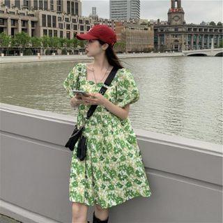 Puff-sleeve Floral Mini A-line Dress Green - One Size
