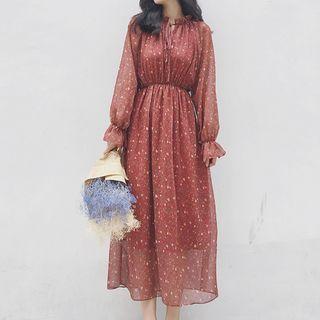 Printed Long-sleeve A-line Maxi Dress / Plain Cardigan