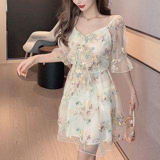 Elbow-sleeve Embroidered Mini A-line Mesh Dress