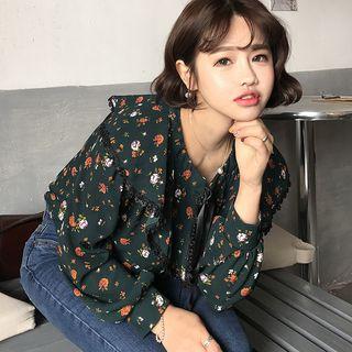 Floral Print Tie Neck Long Sleeve Chiffon Blouse