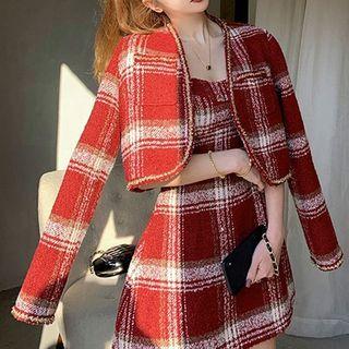 Set: Plaid Jacket + Spaghetti Strap Mini A-line Dress