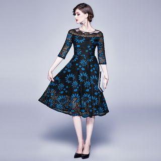 Flower Embroidered 3/4-sleeve A-line Midi Lace Dress