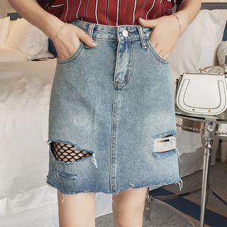 Fishnet Panel A-line Denim Skirt