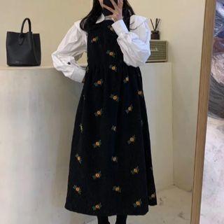 Ruffled Blouse / Floral Embroidered Overall Dress