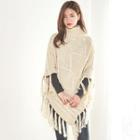Turtle-neck Fringed Cable-knit Poncho