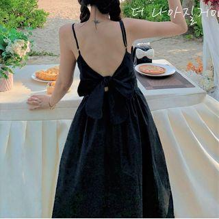Spaghetti-strap Ribbon Midi A-line Dress