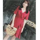V-neck Dotted Ruffle Trim Short-sleeve A-line Dress