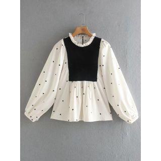 Heart Print Velvet Panel Blouse