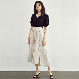 Button-front Pleated Skirt Beige - One Size