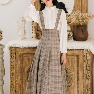 Set: Long-sleeve Chiffon Blouse + Plaid Midi Suspender Skirt