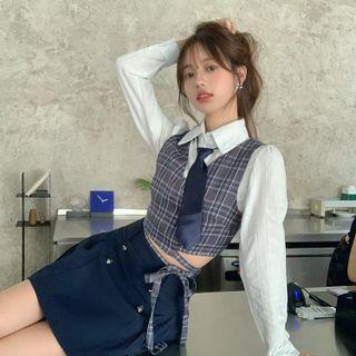 Plaid Vest / Plain Shirt / Neck Tie / A-line Skirt