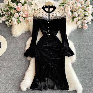 Dotted Mesh Panel Velvet Mermaid Dress