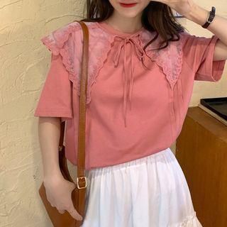 Elbow-sleeve Detachable Lace Collar T-shirt