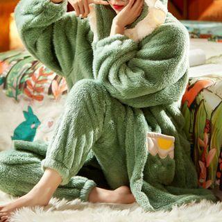 Loungewear Set : Coral Fleece Hooded Top + Pants