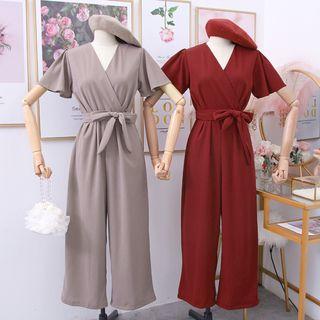 Short-sleeve Wide-leg Jumper Pants With Sash