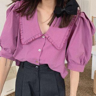 Elbow-sleeve Ruffle Blouse Purple - One Size
