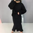 Set: Drop-shoulder Pullover + Ruffle-hem Midi Skirt