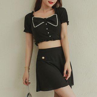 Set: Short-sleeve Bow Swim Top + Swim Skirt