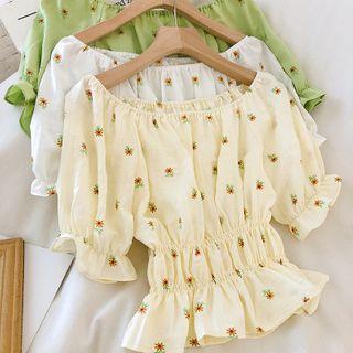 Off-shoulder Elastic-waist Chiffon Blouse