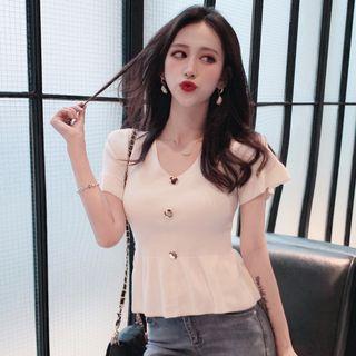 Plain Single-breasted Chiffon Short-sleeve Knit Sweater