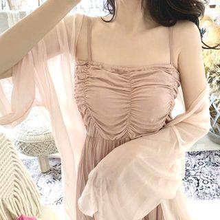Long-sleeve Plain Cardigan / Spaghetti-strap Ruffled Dress