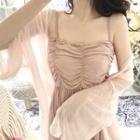 Long-sleeve Plain Cardigan / Spaghetti-strap Ruffled Dress