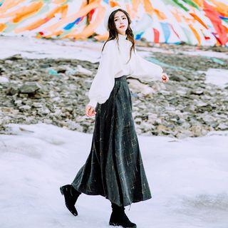 Set: Mock-neck Knit Pullover + Midi Plaid A-line Skirt
