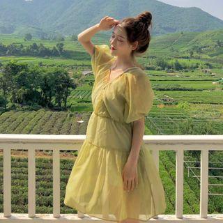 Set: V-neck Puff-sleeve A-line Dress + Slipdress Set Of 2 - Avocado Green - One Size