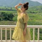 Set: V-neck Puff-sleeve A-line Dress + Slipdress Set Of 2 - Avocado Green - One Size