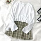 Plain Long-sleeve T-shirt / Plaid Pleated Mini Skirt