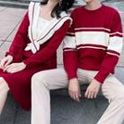 Couple Matching Striped Sweater / Long-sleeve Collared Knit A-line Dress