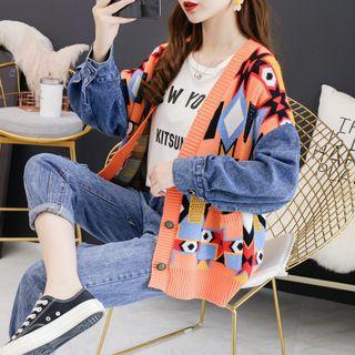 Denim Paneled Patterned Cardigan