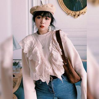 Lace Panel Ruffled Pullover