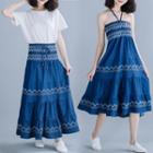 Embroidered Denim Semi Skirt Blue - L