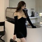 Long-sleeve Off-shoulder Mini Sheath Dress Black & Khaki - One Size