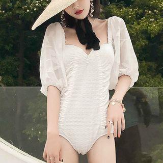 Embroidered Puff-sleeve Textured Swimsuit