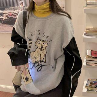 Cat Print Sweatshirt Black & Light Gray - One Size